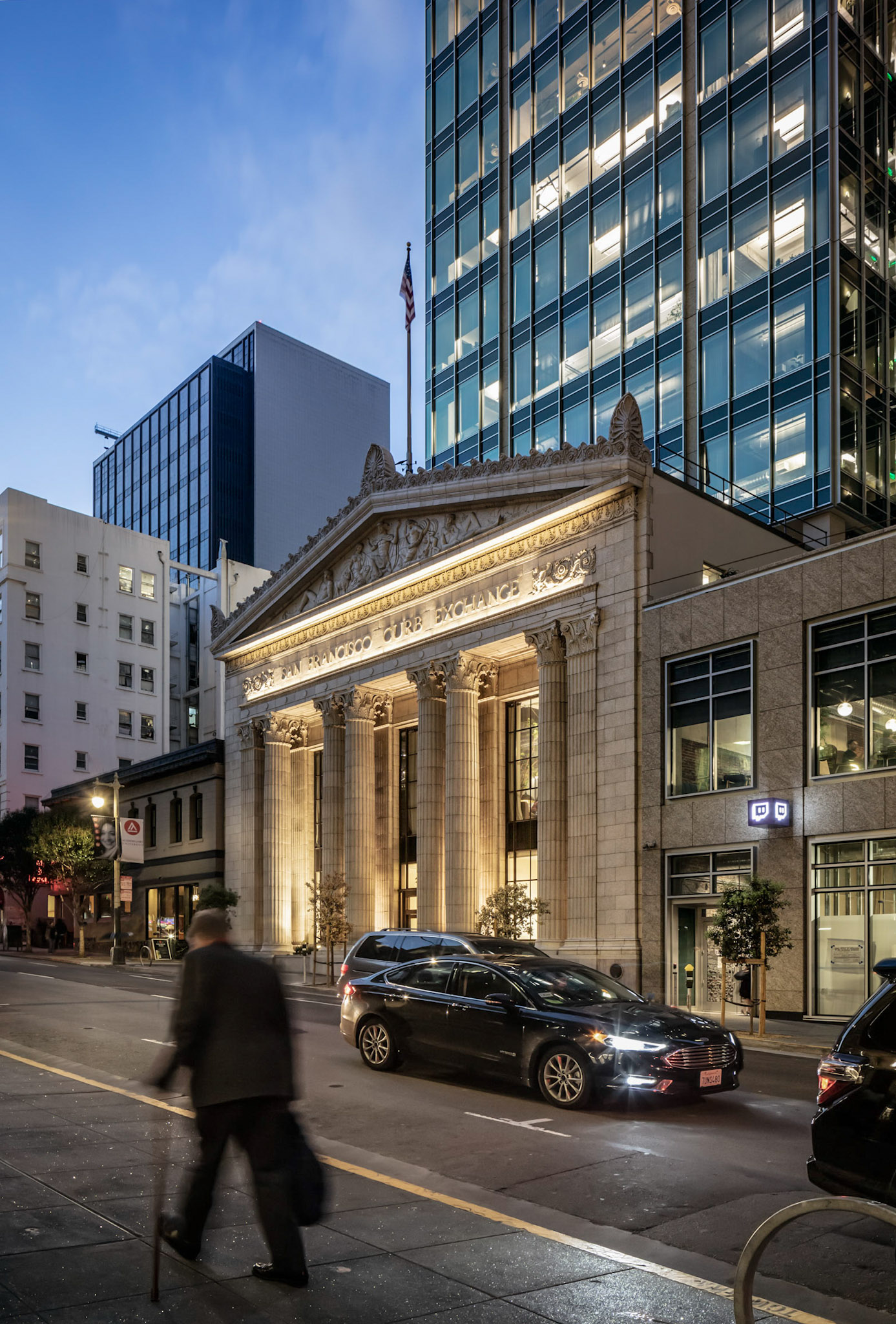 350 Bush Street/Historic Mining Exchange. Architecturally integrated façade lighting highlights the columns and building name at the historic Mining Exchange. © Scott Hargis