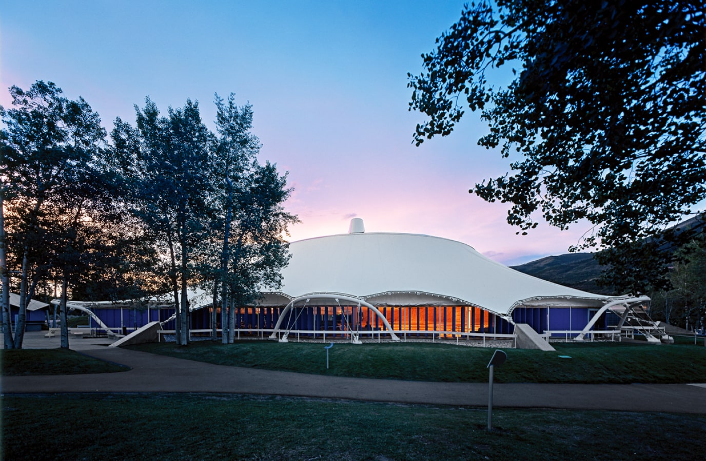Aspen Music Festival & School - Benedict Music Tent, Aspen, Colorado. The elegant tensile structure nestles into the sight. Another summit on the horizon. © Timothy Hursley