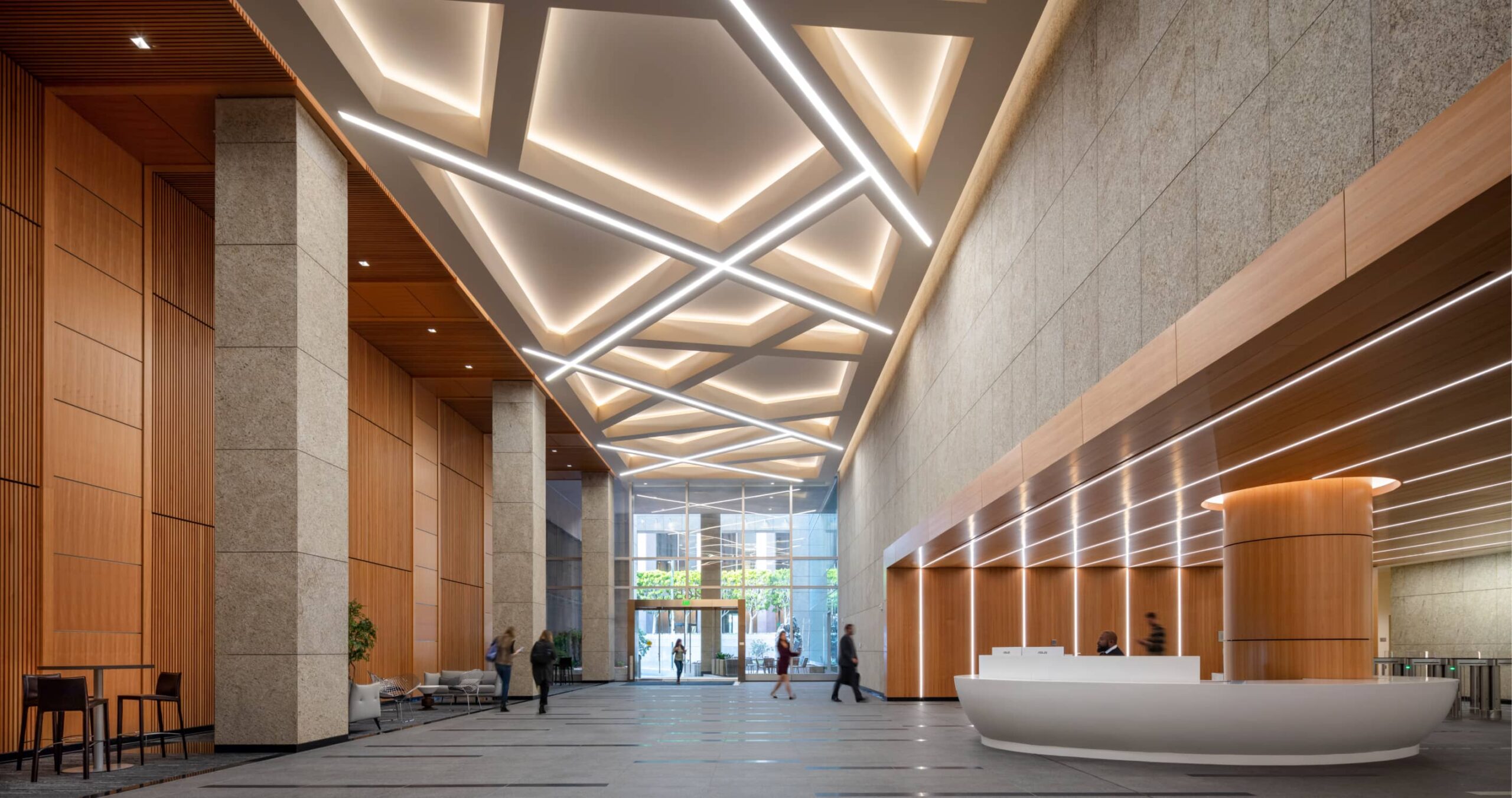 350 Bush Street/Historic Mining Exchange. © Scott Hargis Abutting the historic entry hall, the contemporary lobby with concealed and recessed asymmetric coffer lighting is a striking contrast to its historic neighbor. 350 Bush; Lobby; Interior; Contemporary