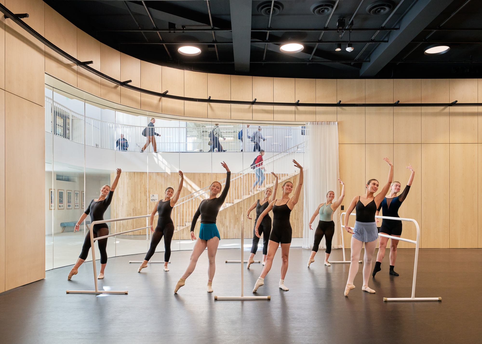 The main performance studio may be closed off from the lobby or opened to the lobby to create an interconnectedness with the rest of the building. Sandi Simon Center for Dance at Chapman University, Orange, California. © Eric Staudenmaier