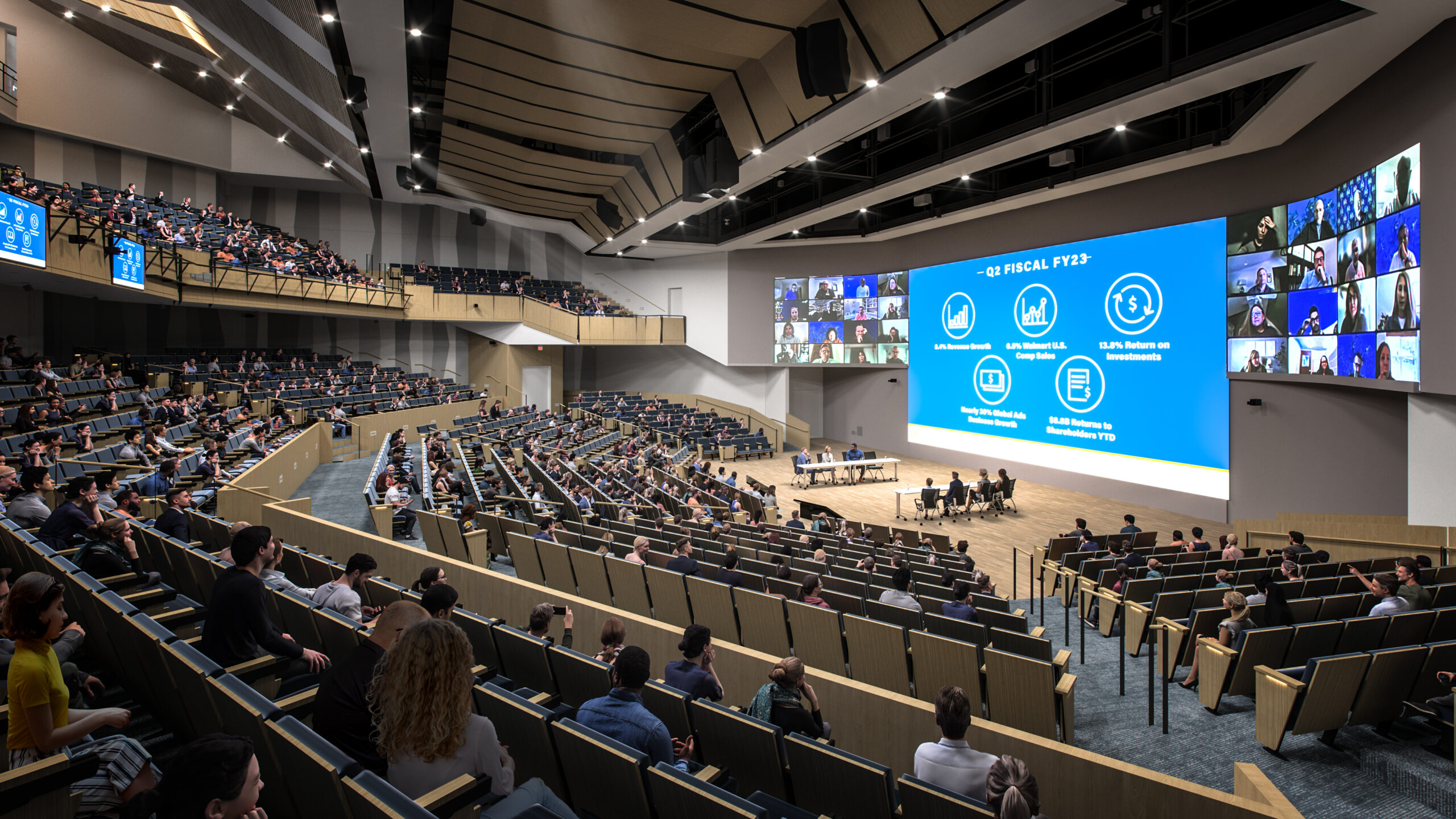 Theatre design by Apeiro Design showcased in Sam Walton Hall’s 1,500-seat auditorium with integrated AV, lighting, and rigging systems.