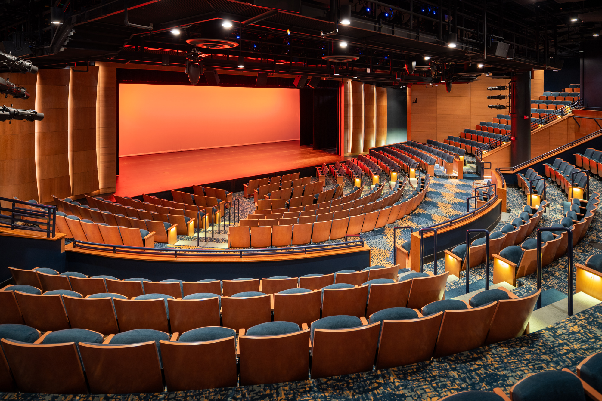 The renovated proscenium stage at the Lyceum Theatre preserves its historic charm while integrating modern sightlines and acoustics for today's performances.