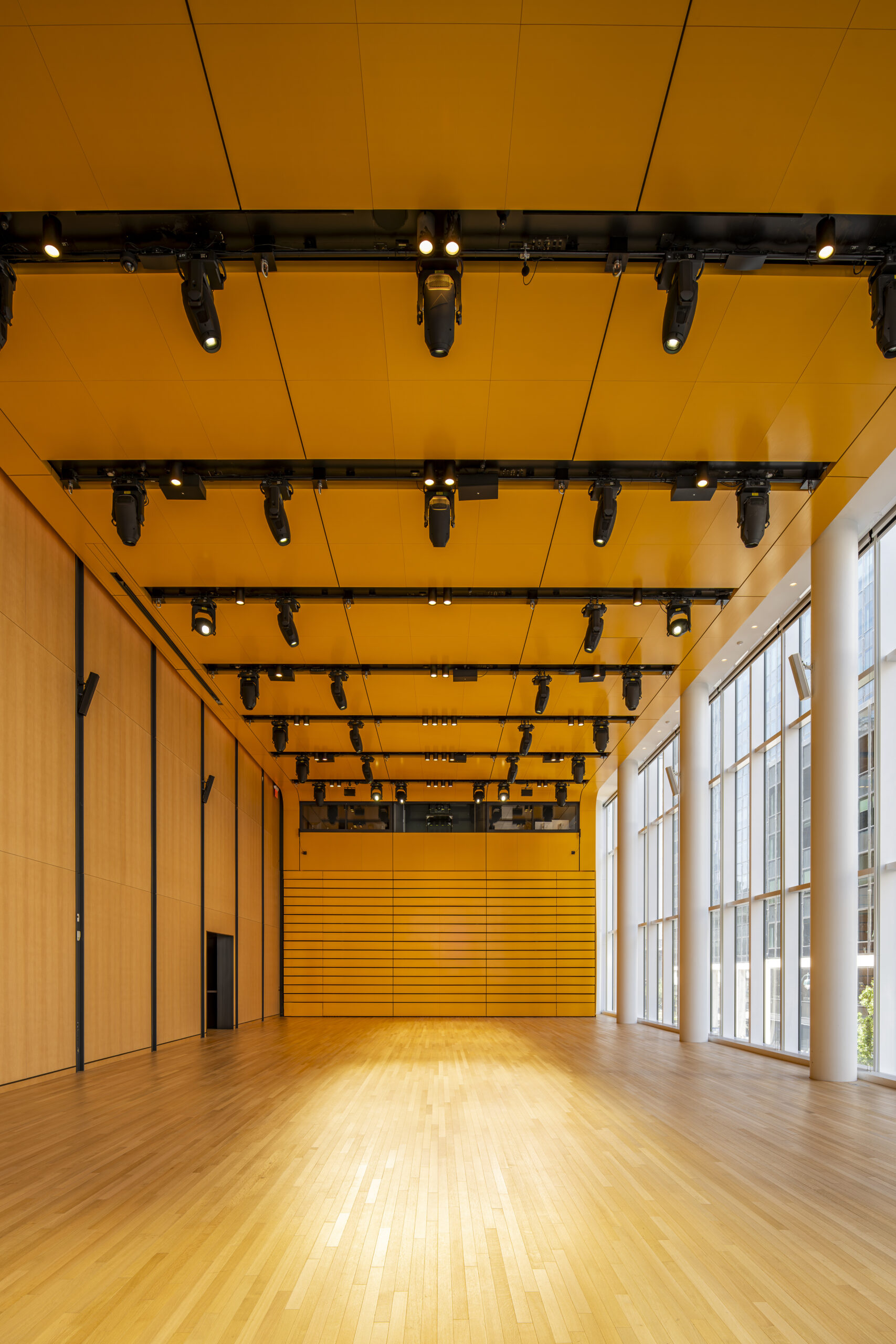 Town Hall hosting a hybrid event with banquet and theater-style seating combined, highlighting its support for complex programming needs. Flexible auditorium, PENN 2 Evening Event, Flexible Seating, Hybrid Seating.