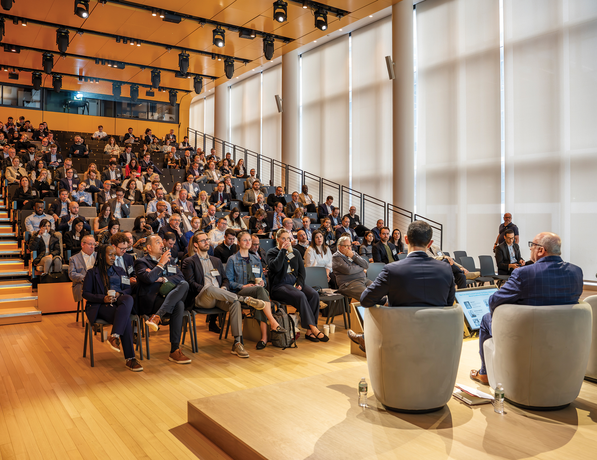 PENN 2 Town Hall arranged for a keynote talk, highlighting adaptable seating and multimedia capabilities. Keynote Setup, Conference Space, Multi-Use Auditorium, AV Systems.
