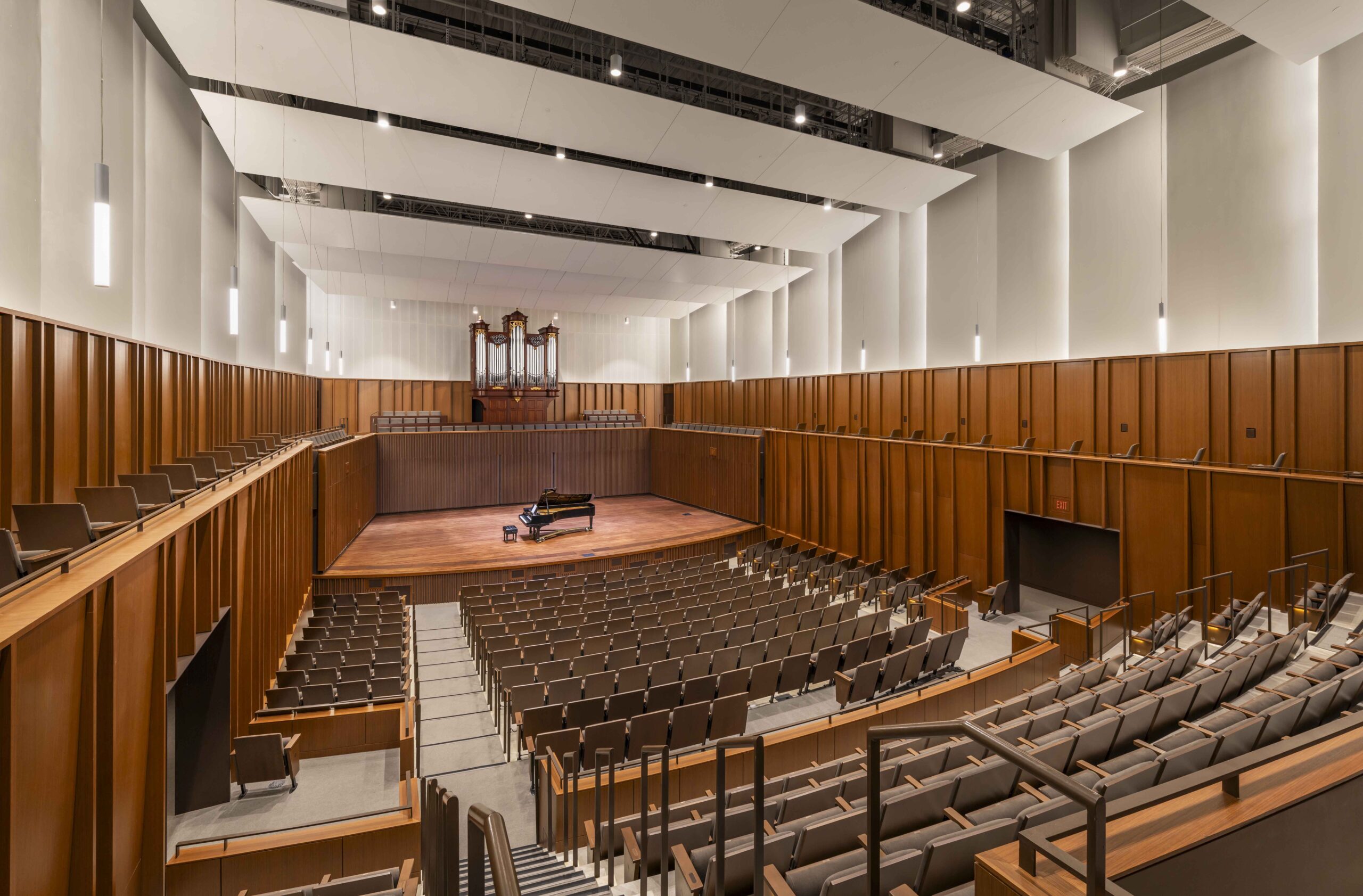 Concert hall at William & Mary Arts Quarter with acoustic design, performance lighting and technical systems for music and live performance.