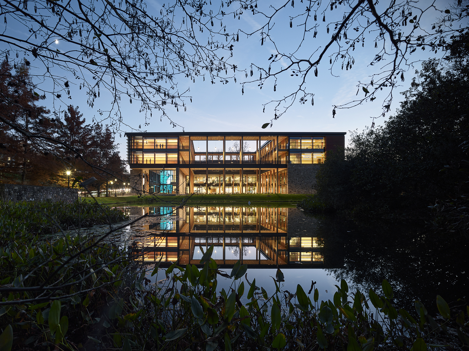 Contemplative Commons UVA exterior at dusk with warm architectural lighting glowing through glass facade. University of Virginia, Contemplative Commons, Aidlin Darling Architects, Architectural Lighting and AV Design.